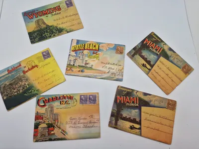 Samling souvenir fotos fra diverse steder i Amerika fra 40-erne