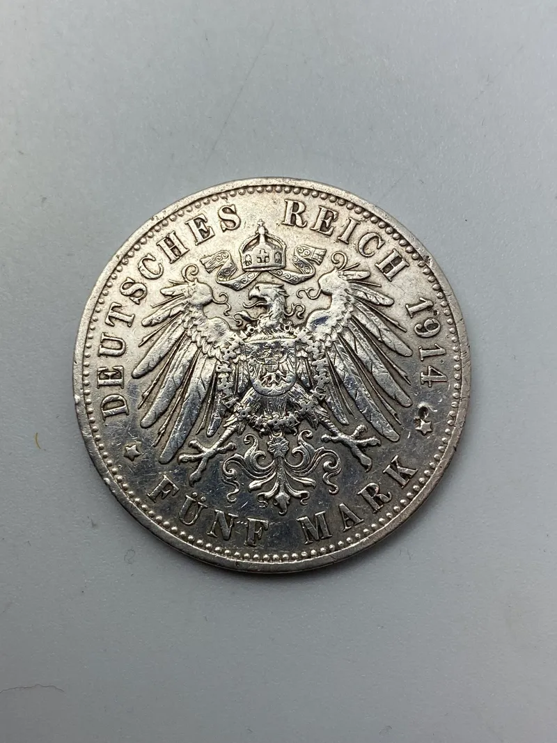 Original Deutsches Reich 5 Mark fra 1914 - af sølv
