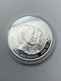 Original dansk 200 krone mønt af sterlingsølv - Frederik og Marys bryllup