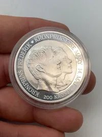 Original dansk 200 krone mønt af sterlingsølv - Frederik og Marys bryllup