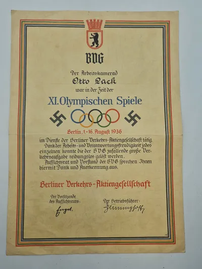 Originalt urkunde fra olympiaden i 1936