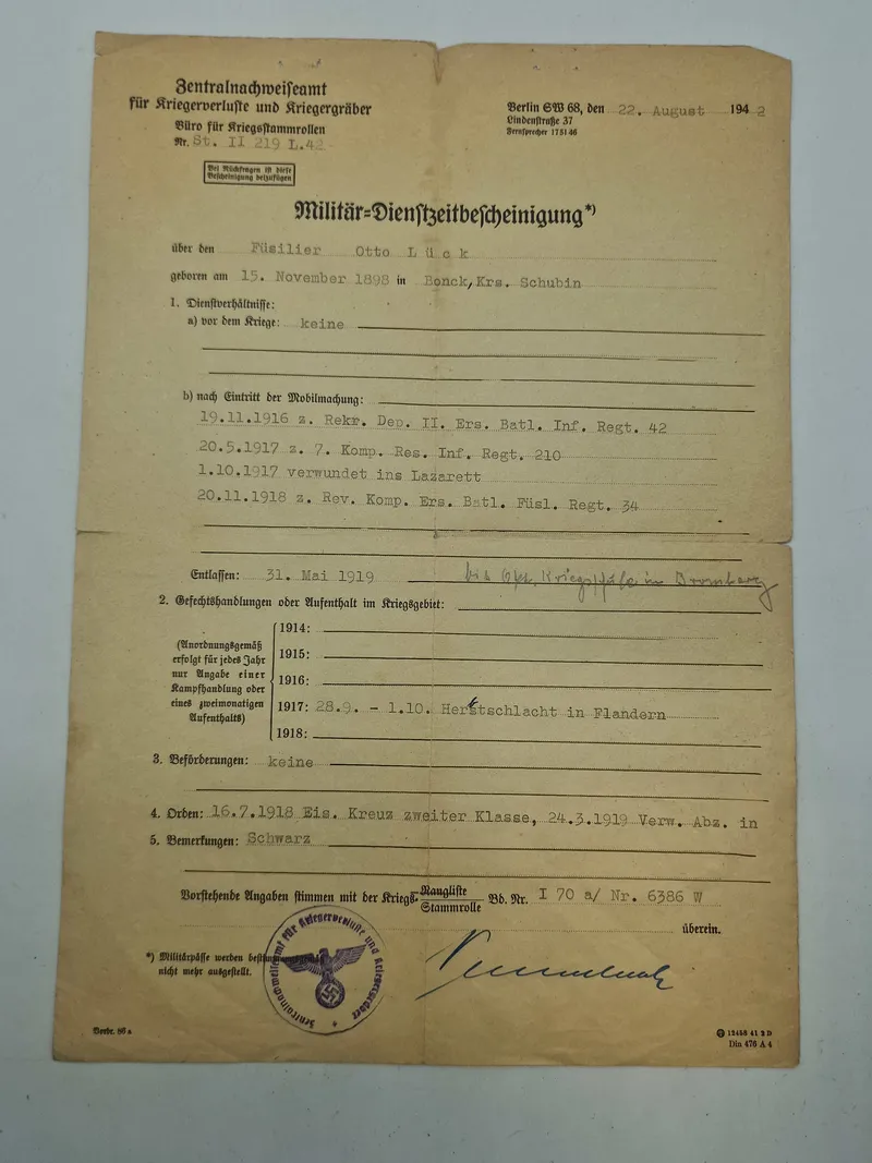 Originalt "Militærtjenestecertifikat" ww1/ww2