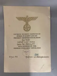 Originalt sjældent dokument på på falden tysk officer - faldet i Beljajewo (Kursk)