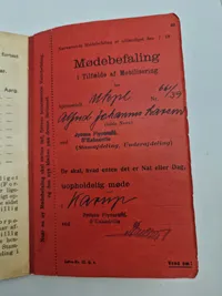 Original dansk soldater bog med omslag for Flyversoldat Karup 1939 med ID disk