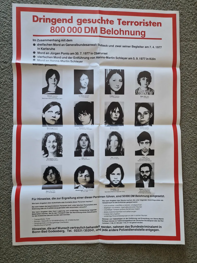 Sjælden original efterlysningsplakat - Baader Meinhof, 1977