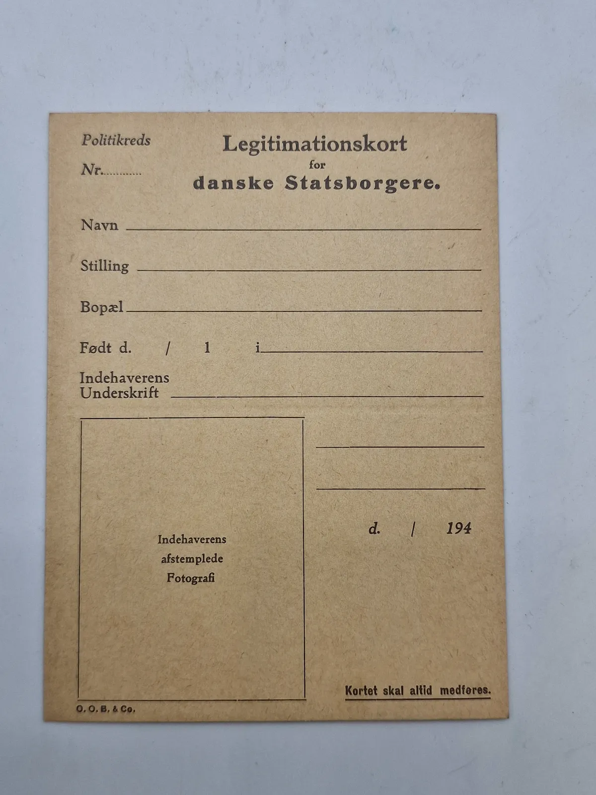 Originalt ubrugt id kort fra ww2 - anvendt af modstandsbevægelsen til forfalskninger
