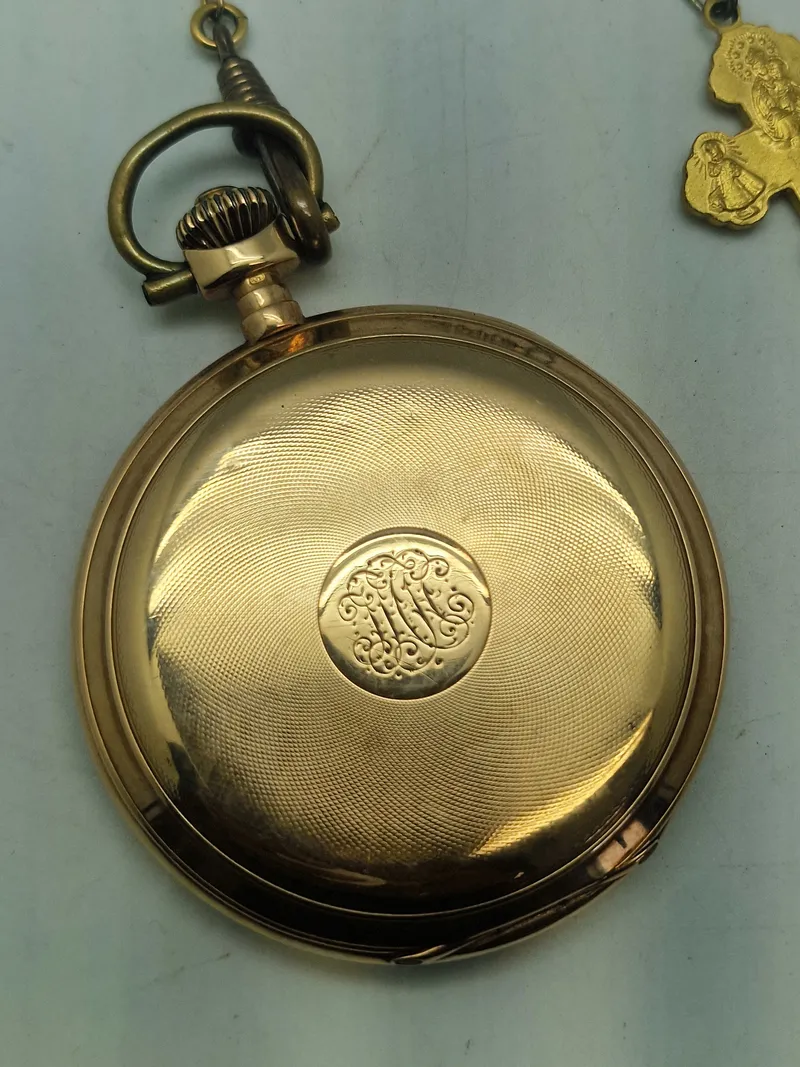 Originalt dobbeltkapslet lommeur af 14 karat guld - jubilæumsgave fra Brandts klædefabrik i Odense vægt inklusiv forgyldt kæde 107,2 gram