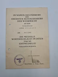 Originalt urkunde for østfrontmedaljen - ww2
