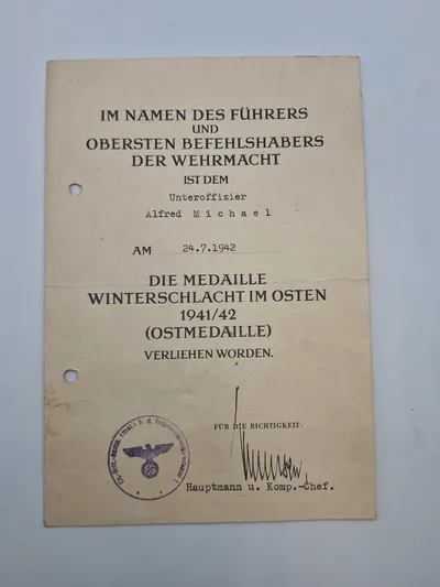 Originalt urkunde for østfrontmedaljen - ww2