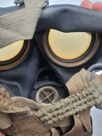 Original navngivet tysk ww2 gasmaske - maske + indhold næsten mint stand. Både maske og beholder er navngiven