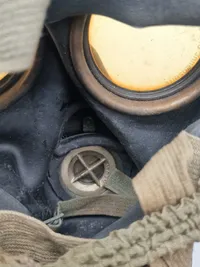 Original navngivet tysk ww2 gasmaske - maske + indhold næsten mint stand. Både maske og beholder er navngiven