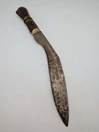 Antique Nepalese Kukri Knife with Carved Wood and Brass Handle