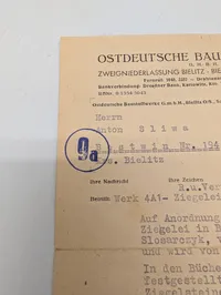 Tysk besættelsesdokument fra Ostdeutsche Baustoffwerke, Bielitz 1944