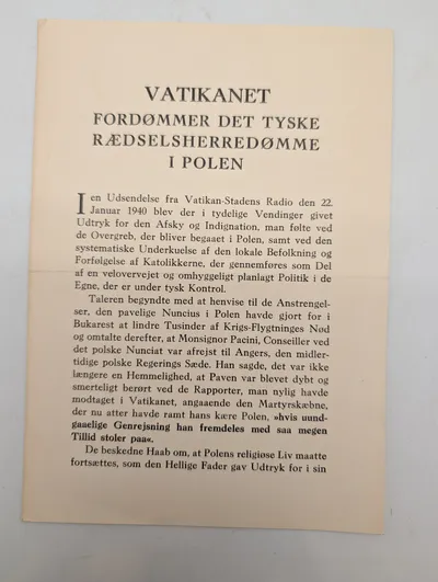 Dansk WWII Propagandaflyveblad: Vatikanet Fordømmer Tyskland i Polen