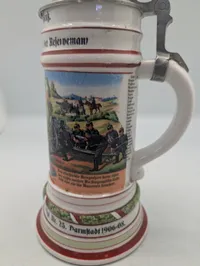 Tysk Reservist-ølkrus med Tinlåg, 1. Großh. Hess. Feld-Art.-Rgt. Nr. 25