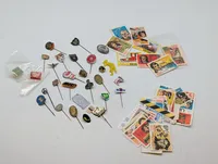 Vintage Collection of Advertising Lapel Pins and Spar Matchbox Labels