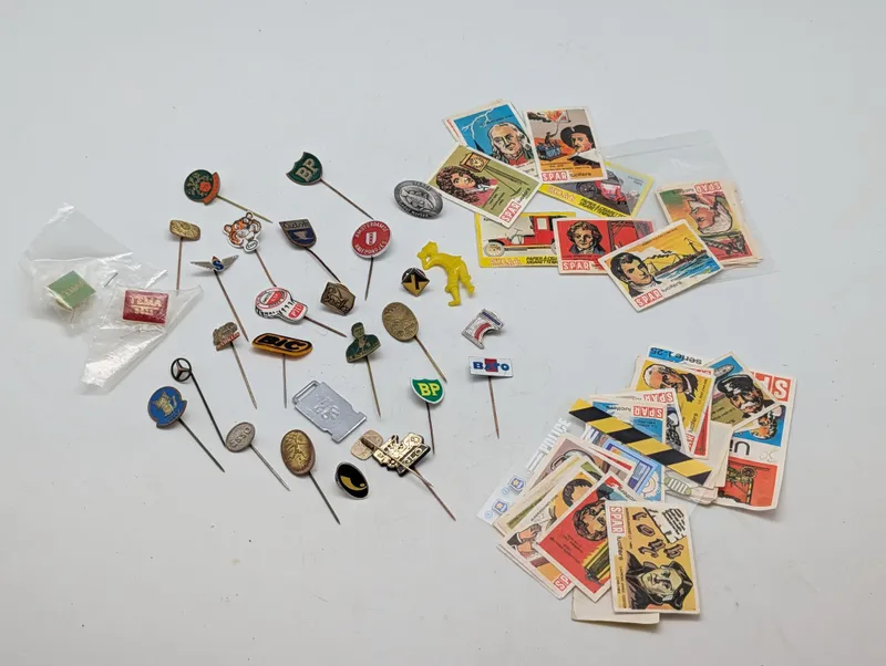 Vintage Collection of Advertising Lapel Pins and Spar Matchbox Labels