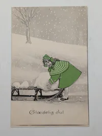 Vintage Danish Christmas Postcard 'Glædelig Jul' with Girl and Sled