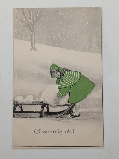 Vintage Danish Christmas Postcard 'Glædelig Jul' with Girl and Sled