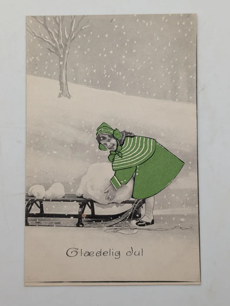 Vintage Danish Christmas Postcard 'Glædelig Jul' with Girl and Sled