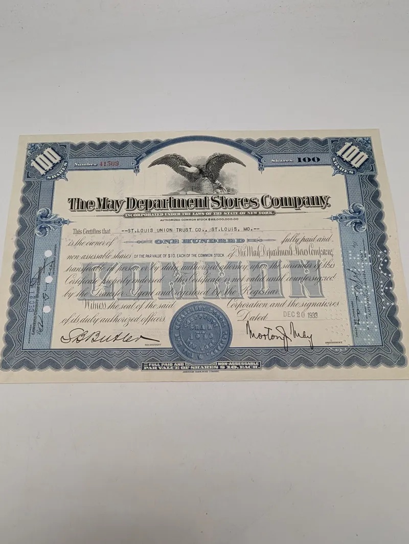 The May Department Stores Company 100 Aktier Aktiebrev fra 1933