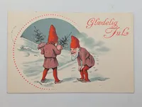 Vintage Danish Christmas Postcard with Gnomes (Nisser) and Tree