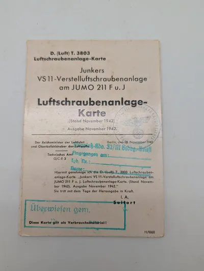 WWII German Junkers VS 11 Luftschraubenanlage-Karte Document