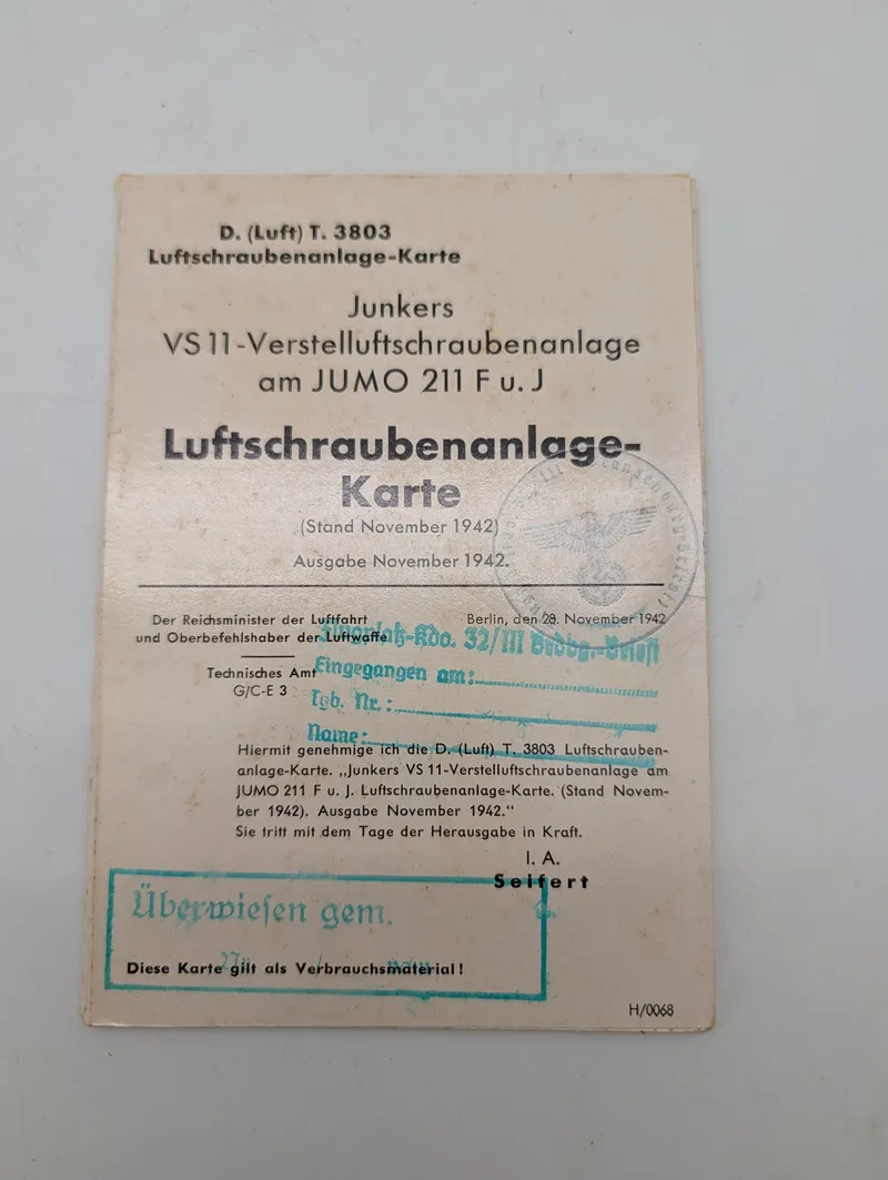 WWII German Junkers VS 11 Luftschraubenanlage-Karte Document