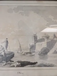 Sø kadet tegning Nicolay Wulff (1783-1807), tuschtegning,  flodparti med personer