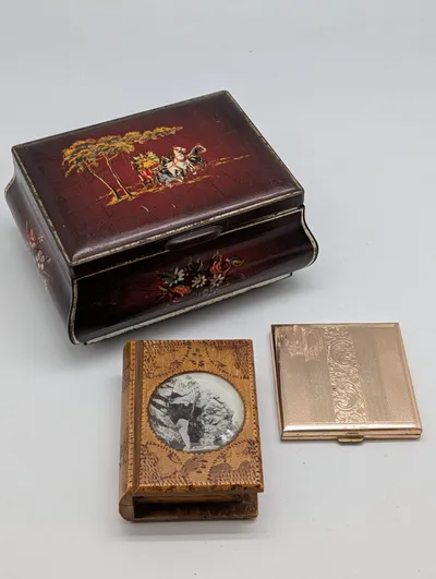 Vintage Mixed Collectibles Lot with Jewelry Box, Compact, and Souvenir Box