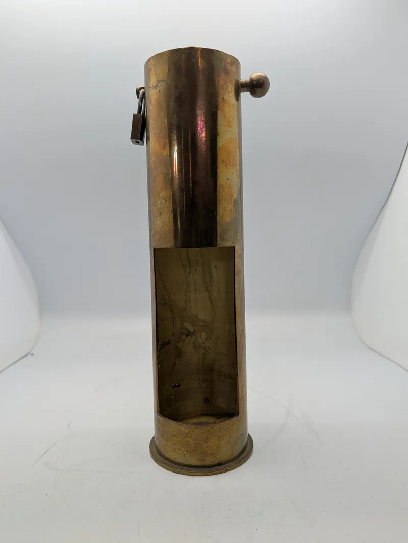 Vintage Brass Trench Art Shell Casing Liquor Decanter Holder with Padlock