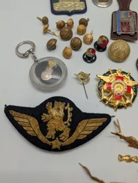 Samling af franske militære insignier, pins og nøgleringe