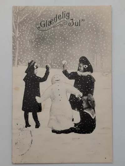 Vintage Danish Christmas Postcard 'Glædelig Jul' with Children and Snowman