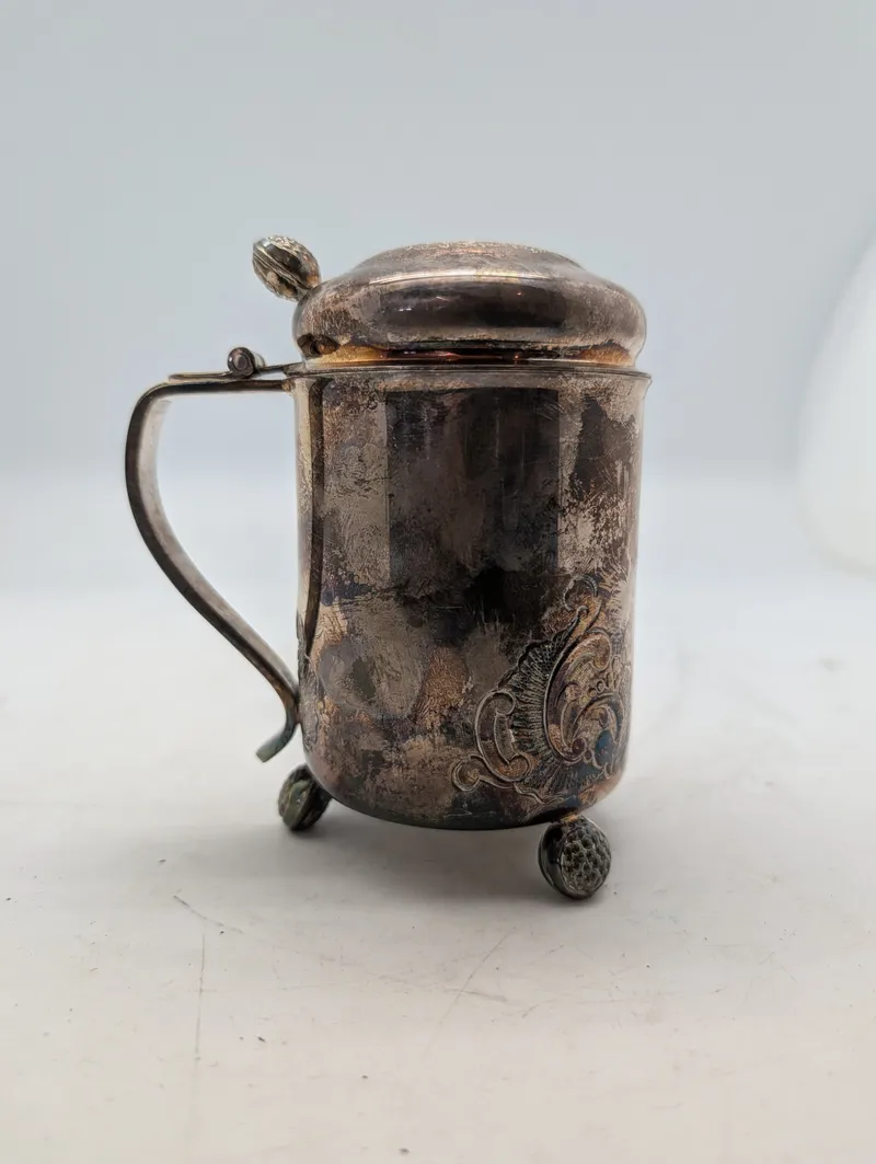 Antique Silver-Plated Lidded Tankard with Repoussé Scrollwork