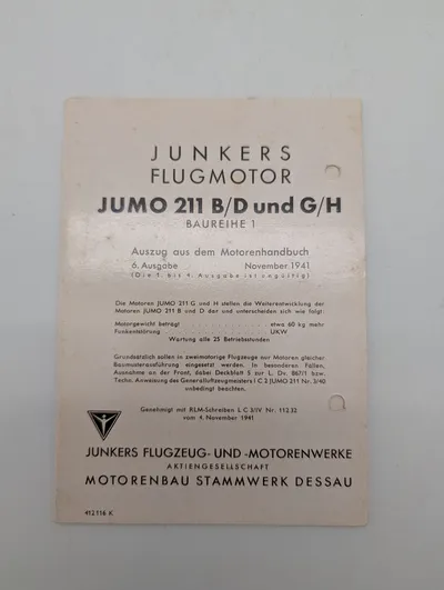 Junkers Flugmotor Jumo 211 B/D and G/H Engine Manual Excerpt, 1941