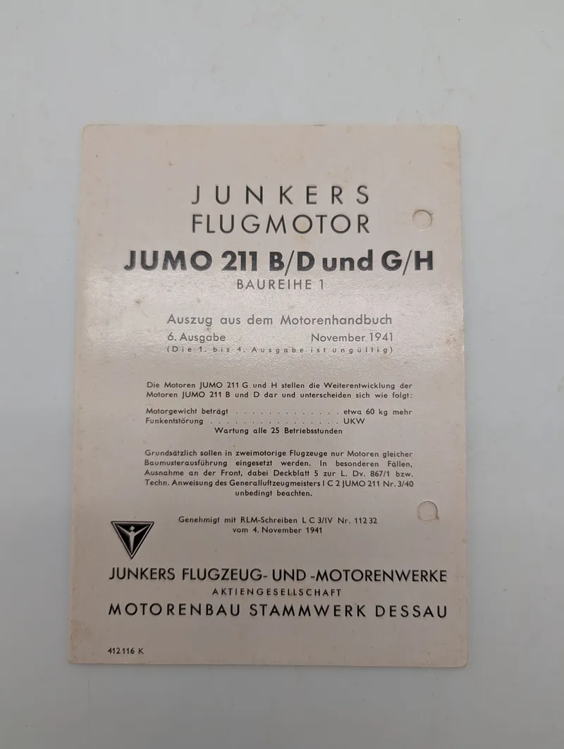 Junkers Flugmotor Jumo 211 B/D and G/H Engine Manual Excerpt, 1941