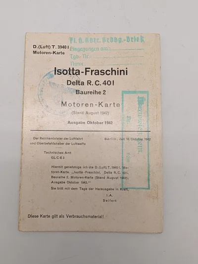 1942 Luftwaffe Isotta-Fraschini Delta R.C. 40 I Motoren-Karte Manual