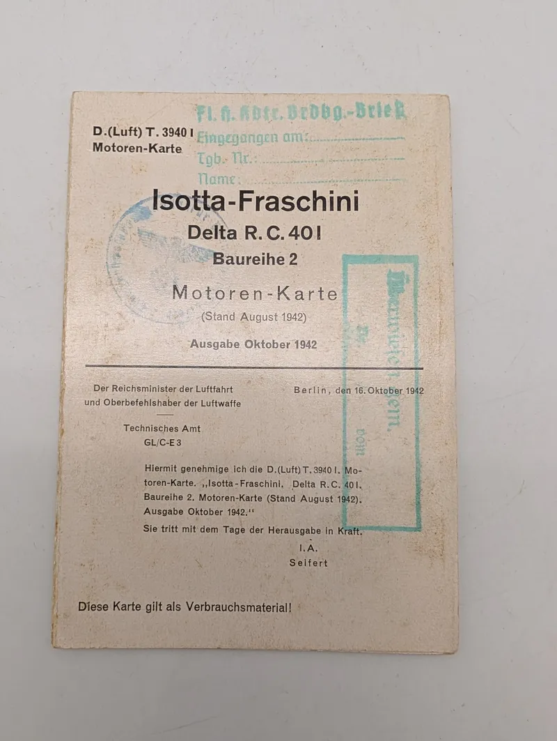 1942 Luftwaffe Isotta-Fraschini Delta R.C. 40 I Motoren-Karte Manual