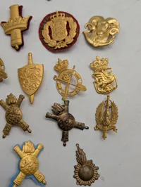 Samling af danske militære kasketemblemer og korpsmærker i messing