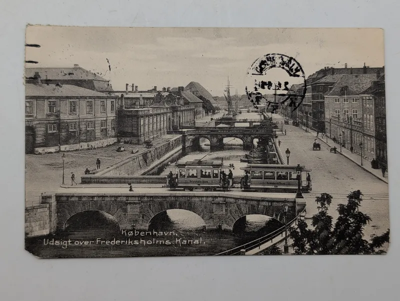 Vintage Copenhagen Postcard, Frederiksholms Kanal with Trams