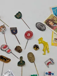 Vintage Collection of Advertising Lapel Pins and Spar Matchbox Labels
