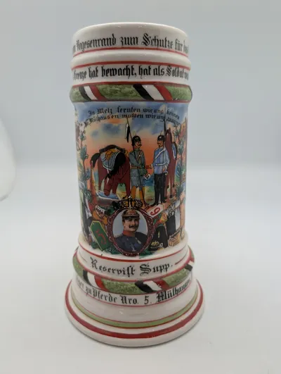 German Imperial Reservist Beer Stein, Jäger zu Pferde No. 5 Mülhausen