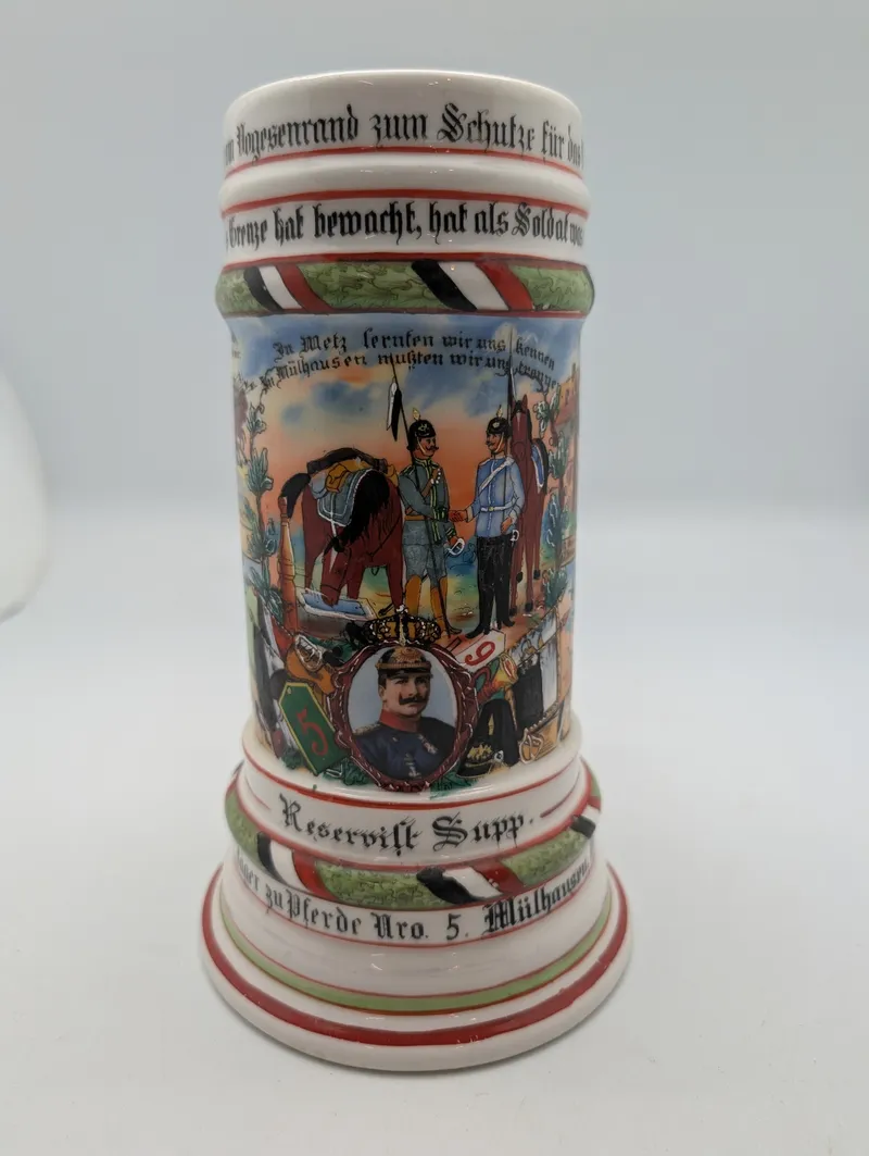 German Imperial Reservist Beer Stein, Jäger zu Pferde No. 5 Mülhausen