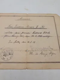 Tysk WWI Jernkorset 2. Klasse (EKII) Tildelingsbevis til Richard Schulz