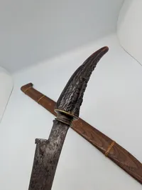 Southeast Asian Parang Machete with Stag Horn Hilt and Wooden Scabbard