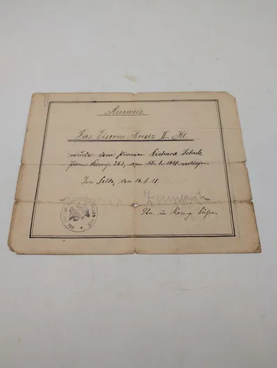 Tysk WWI Jernkorset 2. Klasse (EKII) Tildelingsbevis til Richard Schulz