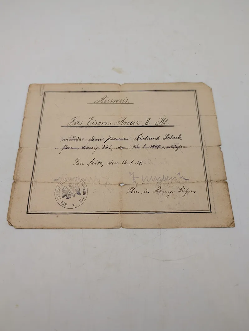 Tysk WWI Jernkorset 2. Klasse (EKII) Tildelingsbevis til Richard Schulz