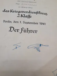 Tysk Krigsfortjenestekors 2. Klasse Tildelingsbevis til Paul Schröder, 1941