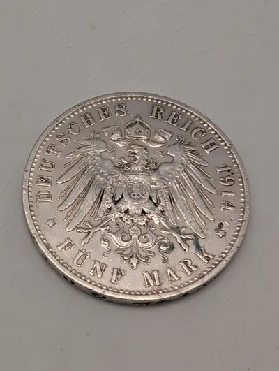 1914 German Empire 5 Mark Silver Coin Deutsches Reich