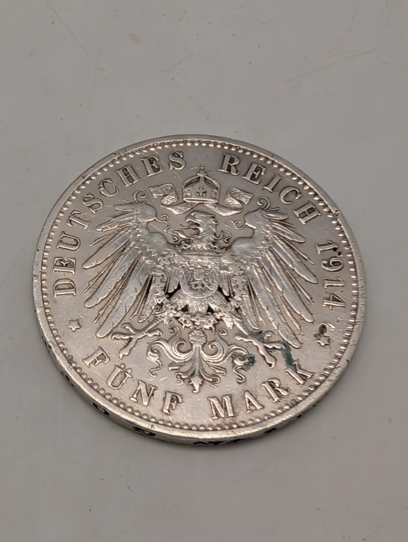 1914 German Empire 5 Mark Silver Coin Deutsches Reich
